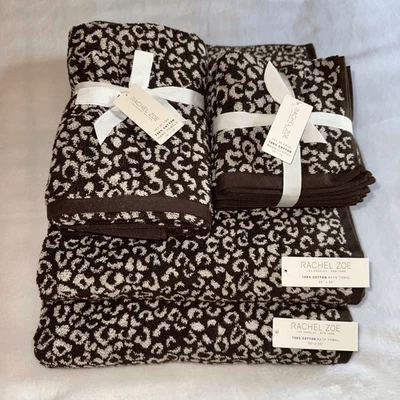 Rachel Zoe Bath Towel Set Dark Brown Tan Cheetah Leopard Pattern Reversible NWT - Image 1 of 4