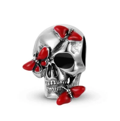 Charm Perle Totenkopf Schmetterlinge 925 Silber - Anhänger für Pandora Armband - Bild 1 von 2