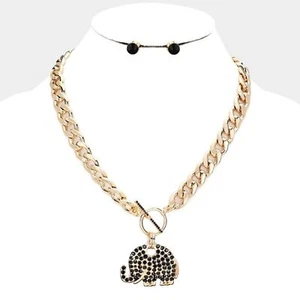 Collar Dije Colgante Elefante Negro Destacado Cristal Estrás Cadena de Eslabones - Imagen 1 de 2