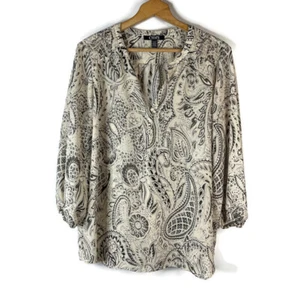 CHAPS Womens Tunic Top Size XL White Paisley V-Neck Smocked Shoulder 3/4 Sleeve - Picture 1 of 11