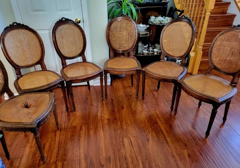 Galeotti Freres France 6 Set Wicker Bamboo Dining Chairs Carved Wood French Rare Cover