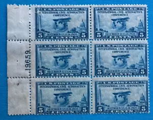 US Stamps Scott 650 5c 1928 plate block of 6 Intl Civil Aeronautics Conf M/H - Picture 1 of 4