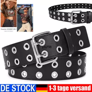 2-Loch Nietengürtel Damen Herren Jeans Ösen Leder Gürtel Nieten Schwarz 3.3CM - Bild 1 von 8