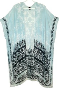 Women's One Size Blue Floral Light-weight Gauzy Open-Front Side Slits Kimono - Picture 1 of 9
