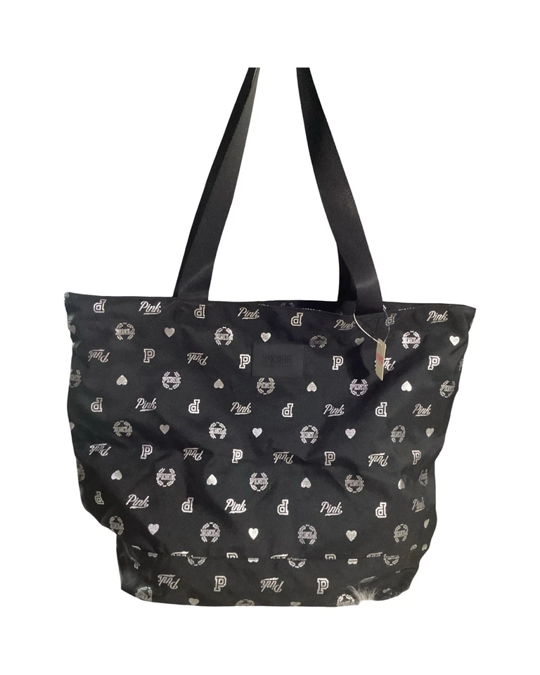 Victoria's Secret PINK - Black W/ Silver Large Poly Shopper Travel Tote Bag 14 - Image 1 of 4