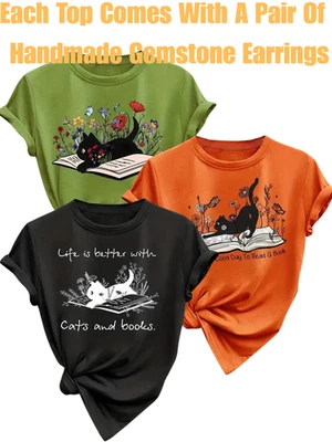 Women's Cute Cat Book Flowers Print T-shirts Casual Tees 3 Vibrant Designs - Image 1 of 4