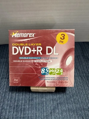 MEMOREX DVD+R DL 8.5 GB 240 Min 2.4x Double Layer 3 Pack NEW SEALED Discs - Image 1 of 2