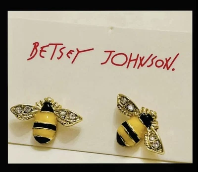 Betsey Johnson Yellow Enamel Rhinestone Glaze Bumblebee Stud Earrings NWT - Image 1 of 4