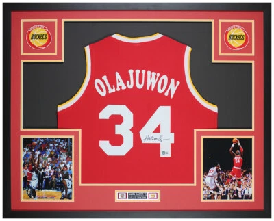Hakeem Olajuwon Autographed & Framed Red Rockets Jersey Auto Beckett Cert - Image 1 of 4