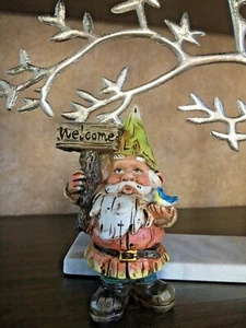 Gnome With Welcome Sign Holding A Blue Bird. Whimsical Décor  - Picture 1 of 7