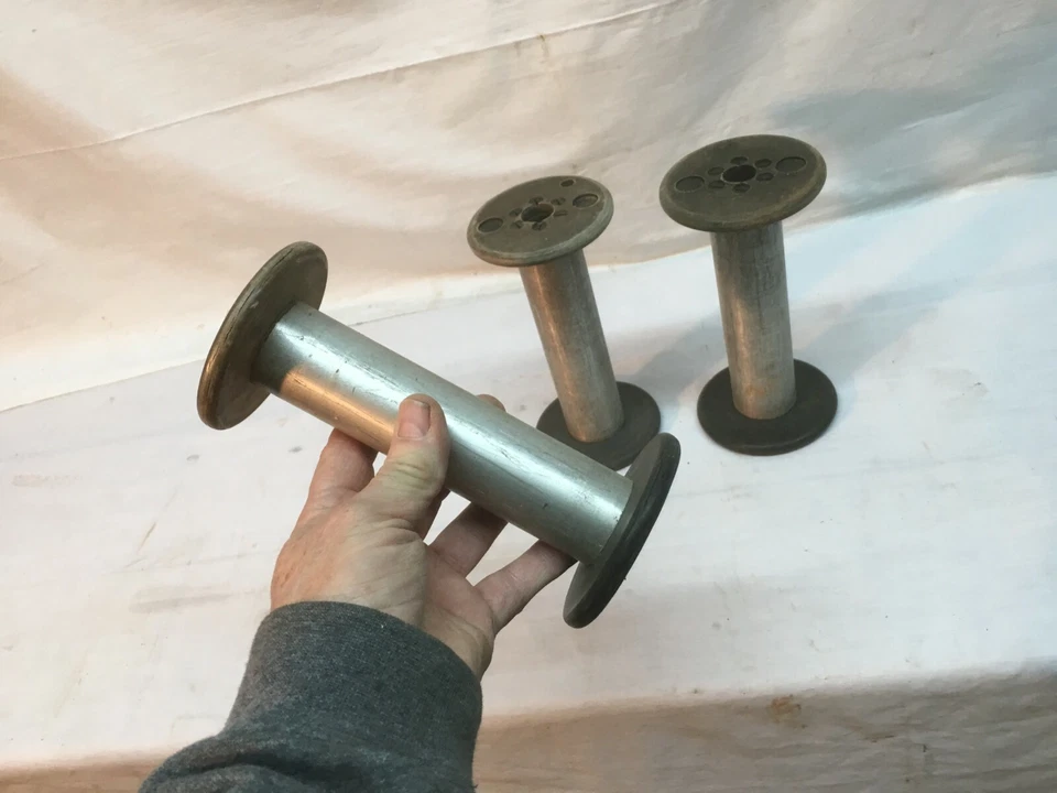 Large Vtg Aluminum Wood Industrial Factory Mill Bobbin Lot 3 Spools 6.5in tall - Image 1 of 4