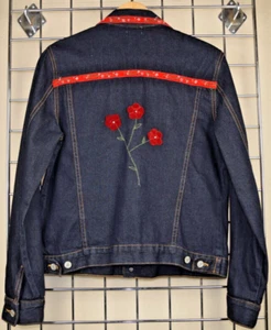 Vintage Jeansjacke Head Over Heels Gr. M 90er rotes Band Mohnblumen Made USA - Bild 1 von 13