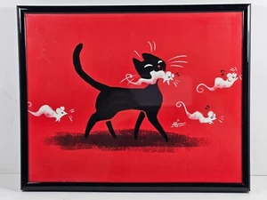Vtg '90's Diana Sprinkle Framed Print, Black Cat/White Mice/Red Background, MINT - Picture 1 of 7