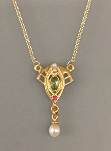 9906062-d 925er Silber vergoldet Jugendstil-Collier Peridot Rubin Perle - Picture 1 of 3