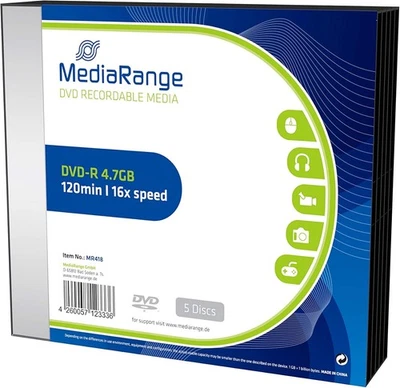 MediaRange MR418 SlimCase DVD-R Rohlinge (4,7GB, 16x Speed, 5-er Spi (US IMPORT) - Bild 1 von 4