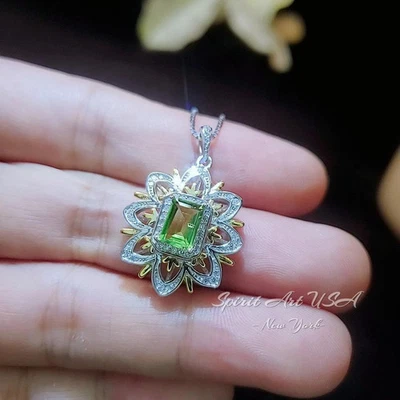 Spirit Flower Genuine Peridot Necklace White Gold coated Sterling Silver - Image 1 of 4