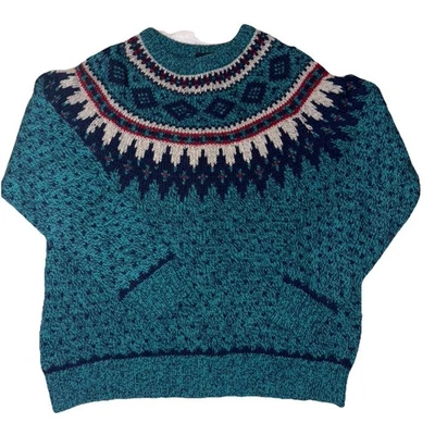 Suéter de lã masculino vintage Woolrich tamanho M azul nórdico gola redonda Fair Isle - Imagem 1 de 4