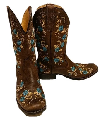 Botas vaqueras vaqueras Ropers de cuero curvado turquesa floral bordadas talla 9 Foto 1 de 4