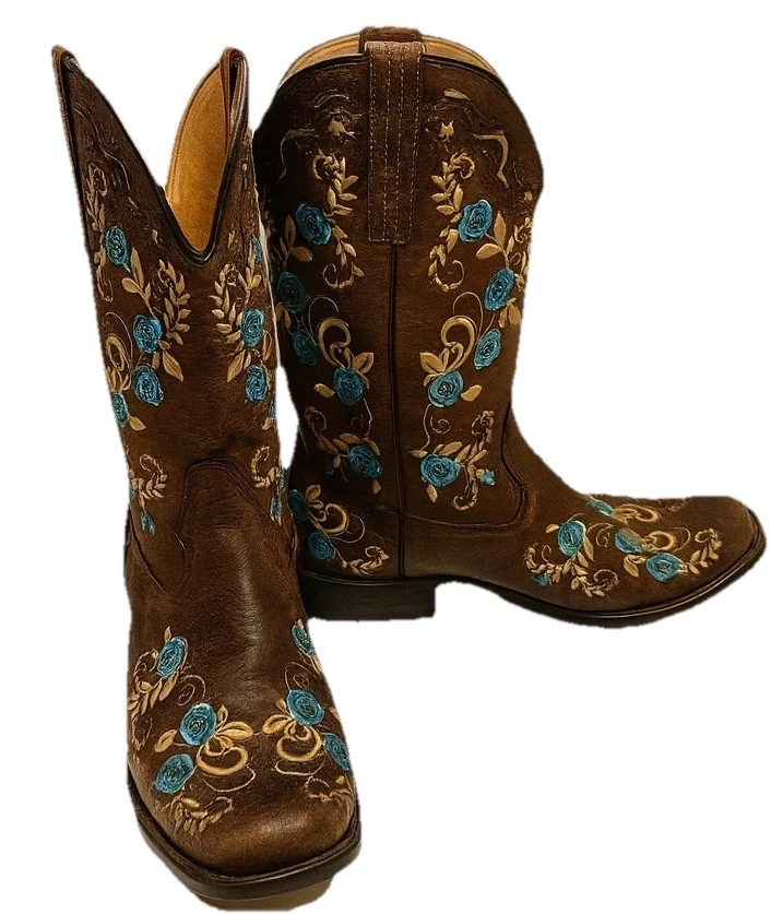 Botas vaqueras vaqueras Ropers de cuero curvado turquesa floral bordadas talla 9 Foto 1 de 4