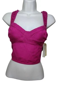 Midnight Sky Fuschia Linen Blend Smocked Crop Top Ruched Shoulders L NWT - Picture 1 of 8
