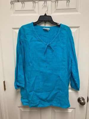 LO ÚLTIMO ALGODÓN MUJER 1X Marc Ware 100% Lino Lavado a Máquina Azul Top Blusa Cuello Atado Foto 1 de 4