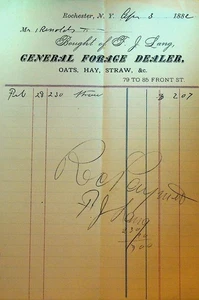 FJ Lang General Futterhändler Billhead Rochester NY Hafer Heu Stroh 1882 - Bild 1 von 1