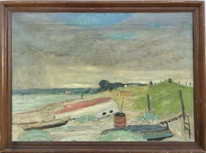 Impresionista verano paisaje costero barcos playa dunas mar pintura al óleo antigüedad - Imagen 1 de 15
