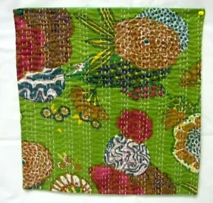 CU123 GRASS GREEN KANTHA PILLOW COVER IMPORTED INDIA 15.5 X 15.5 FLORAL PATTERN - Picture 1 of 2