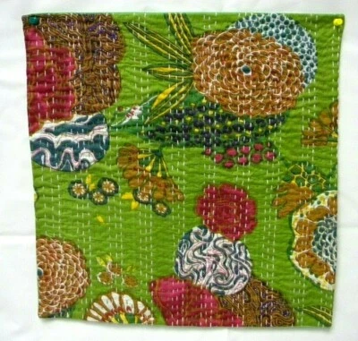 CU123 FUNDA DE ALMOHADA KANTHA VERDE HIERBA IMPORTADA INDIA 15,5 X 15,5 PATRÓN FLORAL Foto 1 de 2