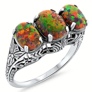 DECO ANTIQUE STYLE 925 STERLING SILVER LAB-CREATED RED OPAL 3 STONE RING    #413 - Picture 1 of 3