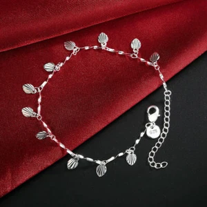 Women Fashion Jewelry Tagged 925 Sterling Silver Plated Chain Shells Bracelet - Picture 1 of 7