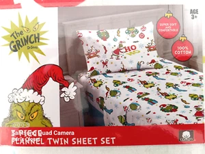 Dr Seuss The Grinch Flannel HO HO HO Twin Sheet Set Christmas 100% Cotton - Picture 1 of 6