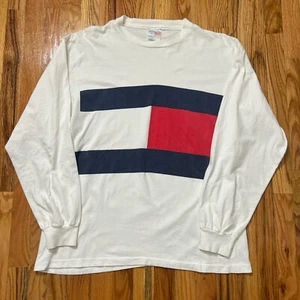 Vintage Tommy Hilfiger Big Flag Long Sleeve Shirt Mens Large White 90s - Picture 1 of 5