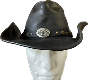 Vtg Stetson Roxbury Rodeo Drive Leather Hat Black Silver Studded Medium Cowboy