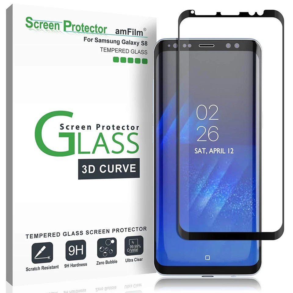 Samsung Galaxy S8 amFilm Full Cover Tempered Glass Screen Protector Black Clear