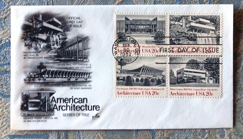 FALLINGWATER ARCHITECTURE FRANK LLOYD WRIGHT 1982 ARTCRAFT STAMP BLOCK  FDC UAND - Image 1 of 1