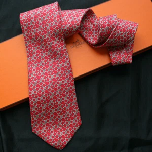 HERMES Rings Squares Bits on Red Silk Tie 5162 HA - Picture 1 of 5