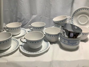 Corelle Livingware Blue Snowflake Cups and Saucers Set of 8 + Sugar Bowl Bonus - Picture 1 of 24