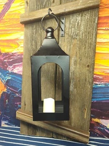 LARGE UPCYCLED RUSTIC WOOD WALL MOUNT METAL LANTERN HALLOWEEN DECOR - Picture 1 of 6