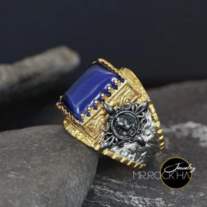 Blue Square Amber Stone,Relief Lion,Gold Rhodium Plated,925 K Silver Men's Ring - Picture 1 of 8