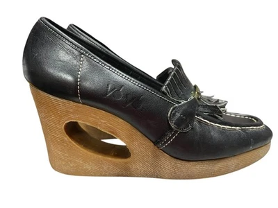 Vtg 70s Sz 7.5 Black Leather Connie Yoyos Platform Shoes Kilt Cut Out Heels - Image 1 of 4