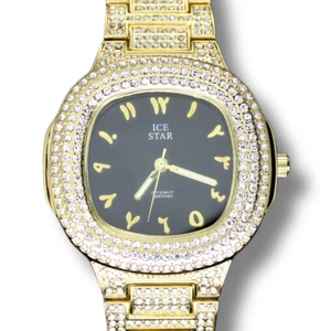 Reloj de lujo de cuarzo de metal chapado en oro con bisel analógico con número árabe de 44 mm circonita cúbica para hombre - Imagen 1 de 9