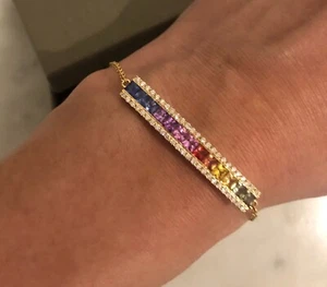 18ct Yellow Gold Stunning Natural Rainbow Multigem and Diamond Unisex Bracelet - Picture 1 of 2
