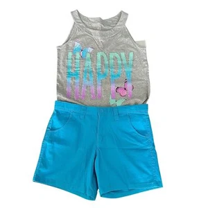 Justice Gray HAPPY Sequin Butterfly Tank Top & Matching Aqua Blue Shorts 16/18 - Picture 1 of 10