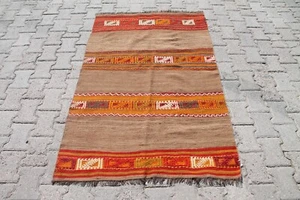3x5 ft Handmade Turkish Kilim: Brown & Orange Wool for Rustic Bohemian Style - Picture 1 of 10