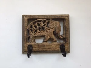 Elephant Carved Wood With 2 Hooks For Hanging Figure Wall Hanging Decor Folk Art - Picture 1 of 2