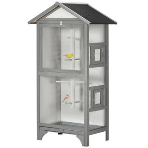 PawHut Wooden Bird Aviary, Outdoor Bird Cage for Finch, Canary w/ Tray - Grey - Picture 1 of 11
