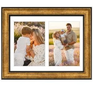 8.5x11 Antique Gold Frame White Mat For Two 5x7 Pictures Sawtooth Hangers Wall - Picture 1 of 8