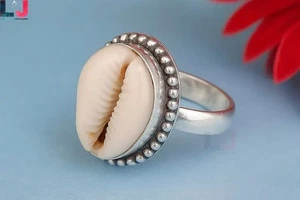 Handmade Silver Cowrie Shell Ring Boho Statement Jewelry Beads Designer Ring - Picture 1 of 3