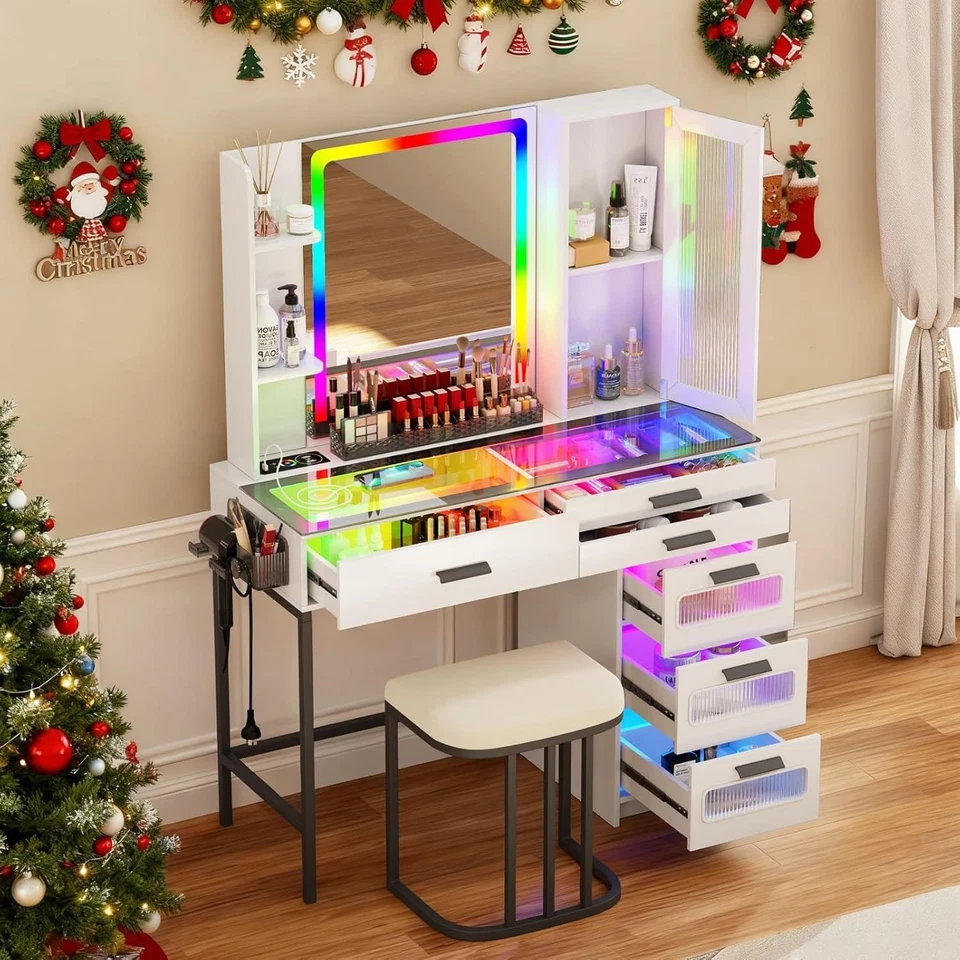 Escritorio tocador de maquillaje con espejo luces RGB/carga inalámbrica/organizador de maquillaje Foto 1 de 1
